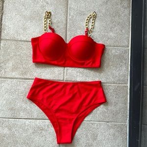Brand New Red Balconette Bikini Top & High Waisted Bottoms